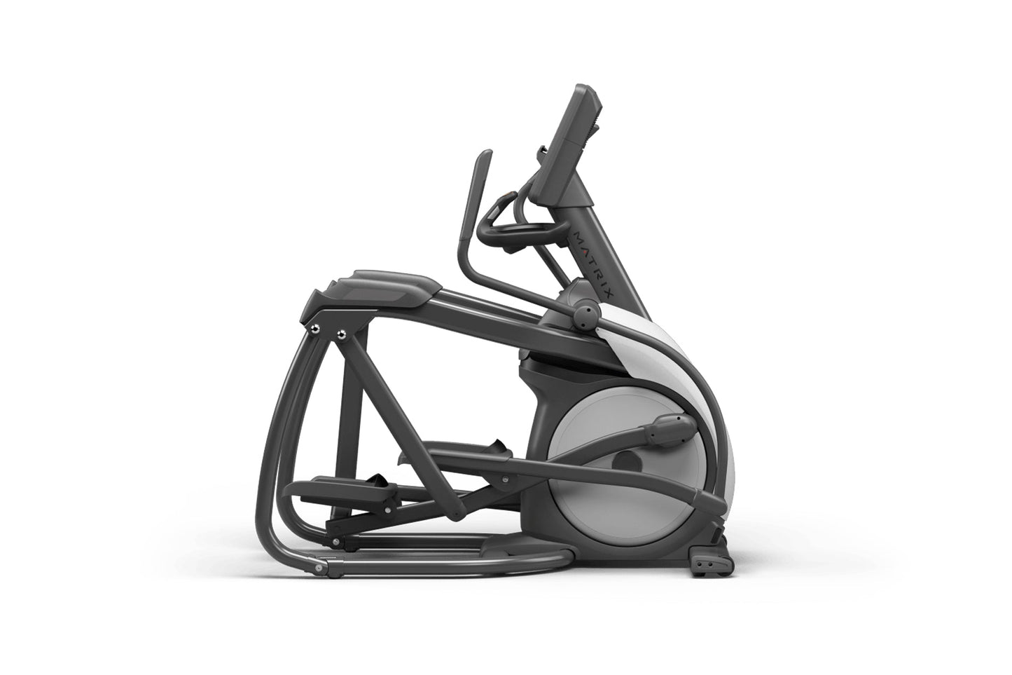 Black and gray elliptical machine with gray accents, adjustable arms, and foot pedals on white background