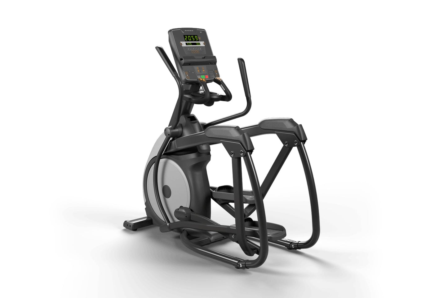 Black and gray elliptical machine with digital console displaying green numbers, foot pedals, and dual handles on white backg