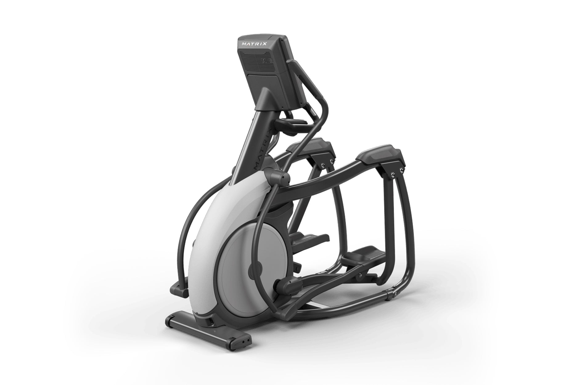 Matrix Performance Suspension Elliptical with black frame, white wheel, and digital console on white background