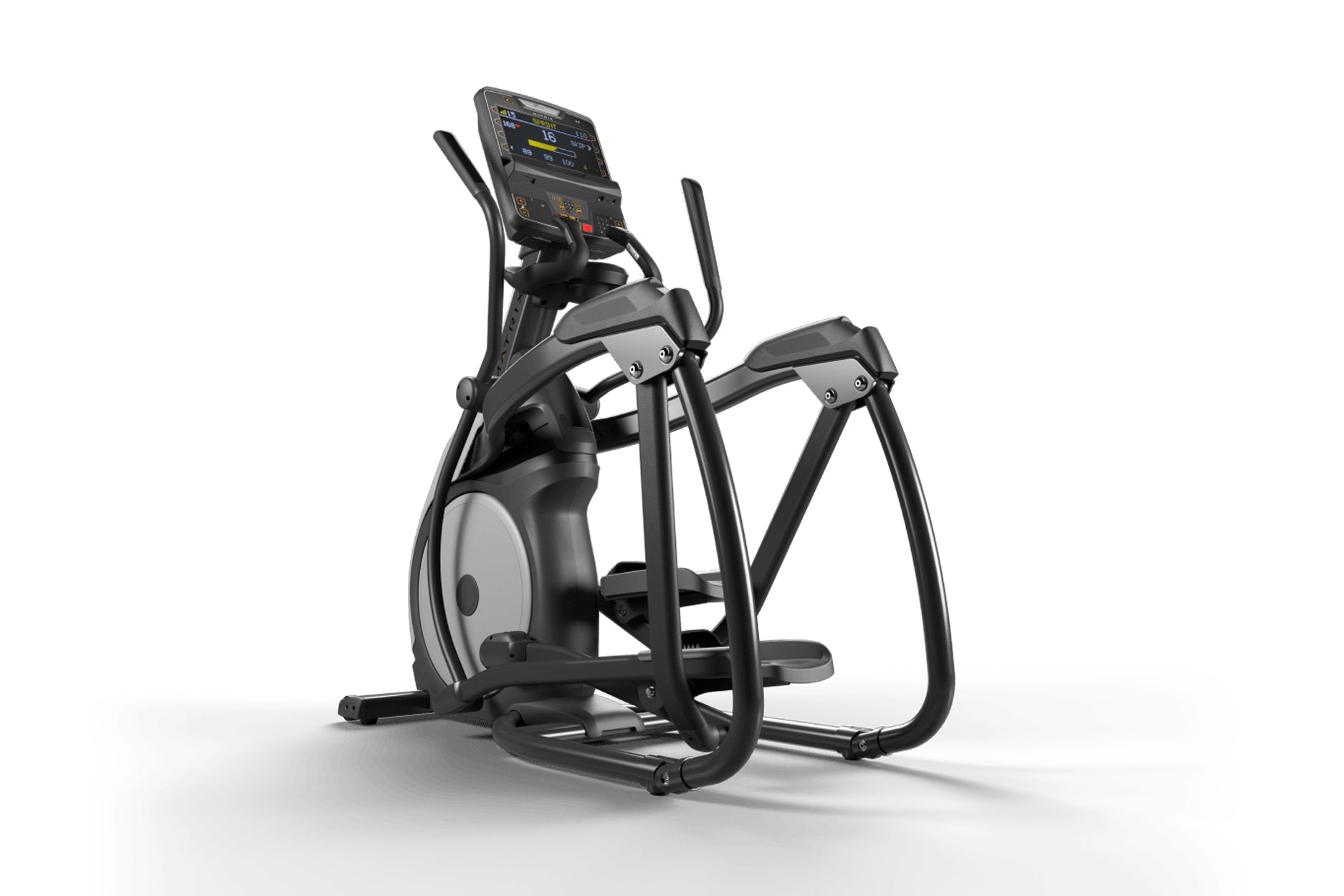 Black and gray elliptical machine with digital console display, dual handles, and foot pedals on white background