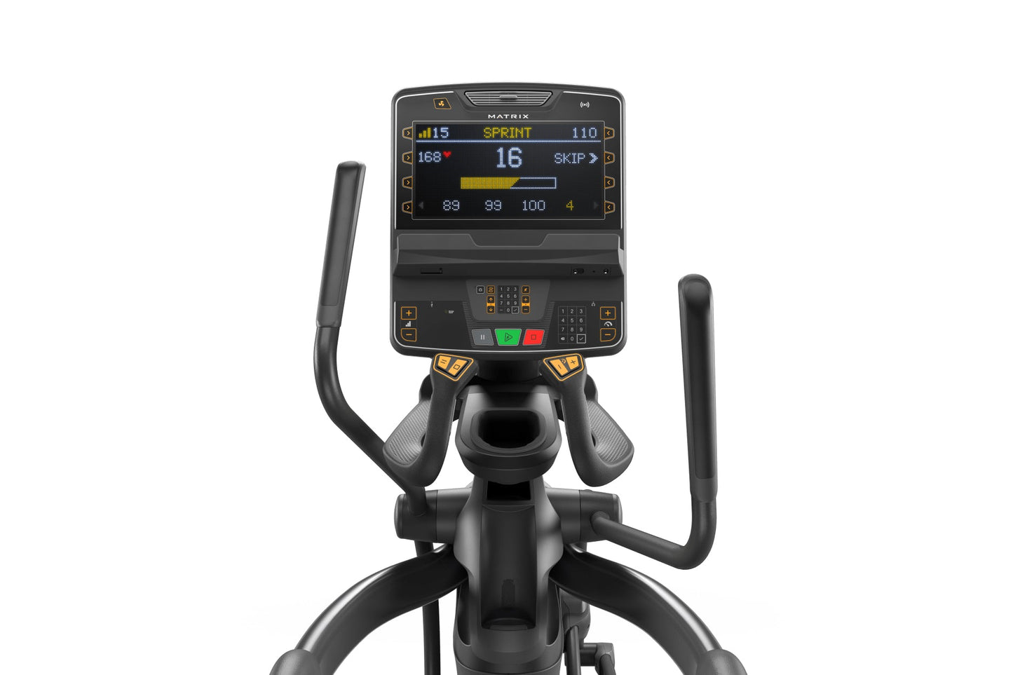 Matrix Performance Suspension Elliptical with black frame, dual moving handlebars, and digital console displaying sprint work