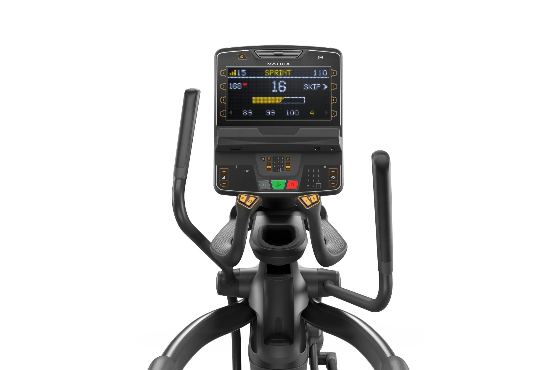 Matrix Performance Suspension Elliptical with black frame, dual moving handlebars, and digital console displaying sprint work