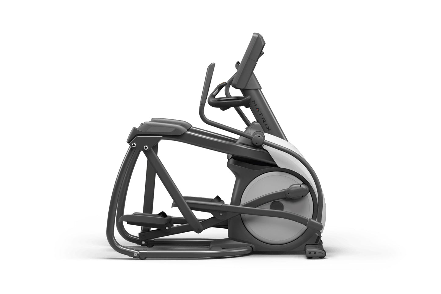 Matrix Performance Suspension Elliptical with black frame, gray flywheel, and curved handlebars on white background