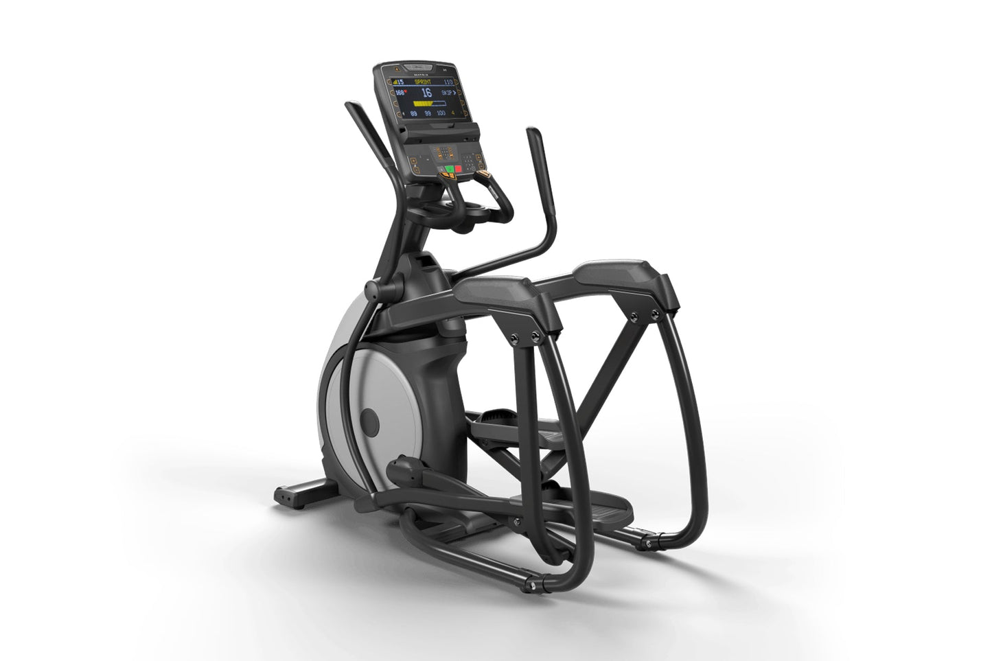 Black and gray Matrix elliptical machine with digital display console, handlebar grips, and foot pedals on white background