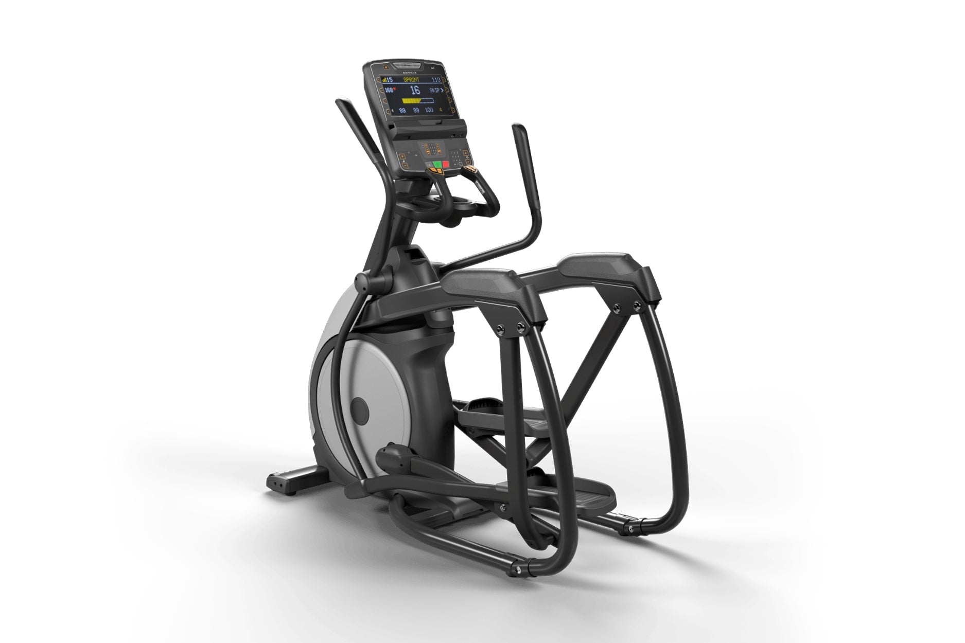 Black and gray Matrix elliptical machine with digital display console, handlebar grips, and foot pedals on white background