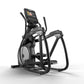 Black and gray elliptical machine with digital touchscreen display and dual handlebars on white background