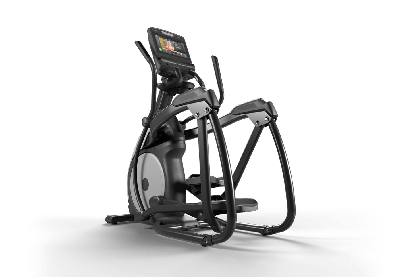 Black and gray elliptical machine with digital touchscreen display and dual handlebars on white background