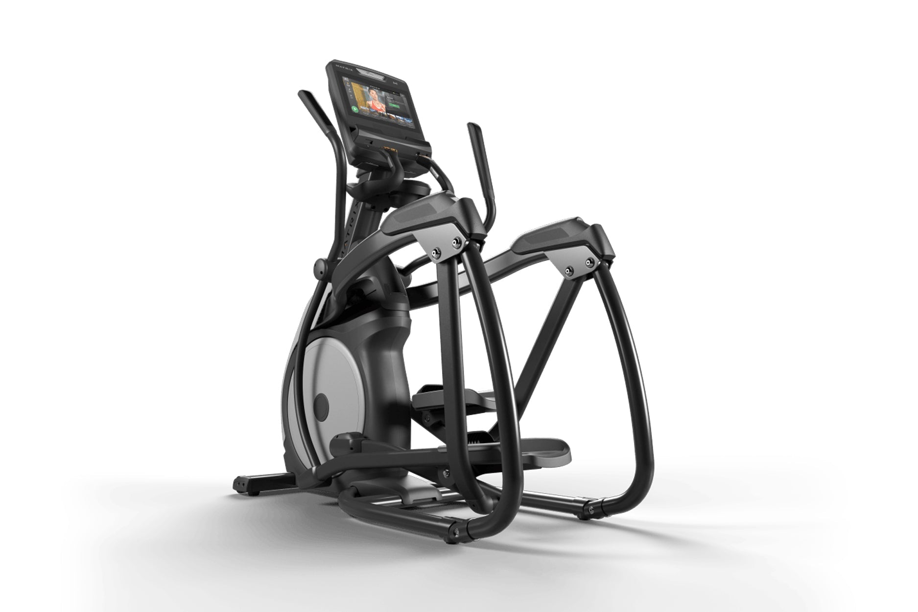 Black and gray elliptical machine with digital touchscreen display and dual handlebars on white background