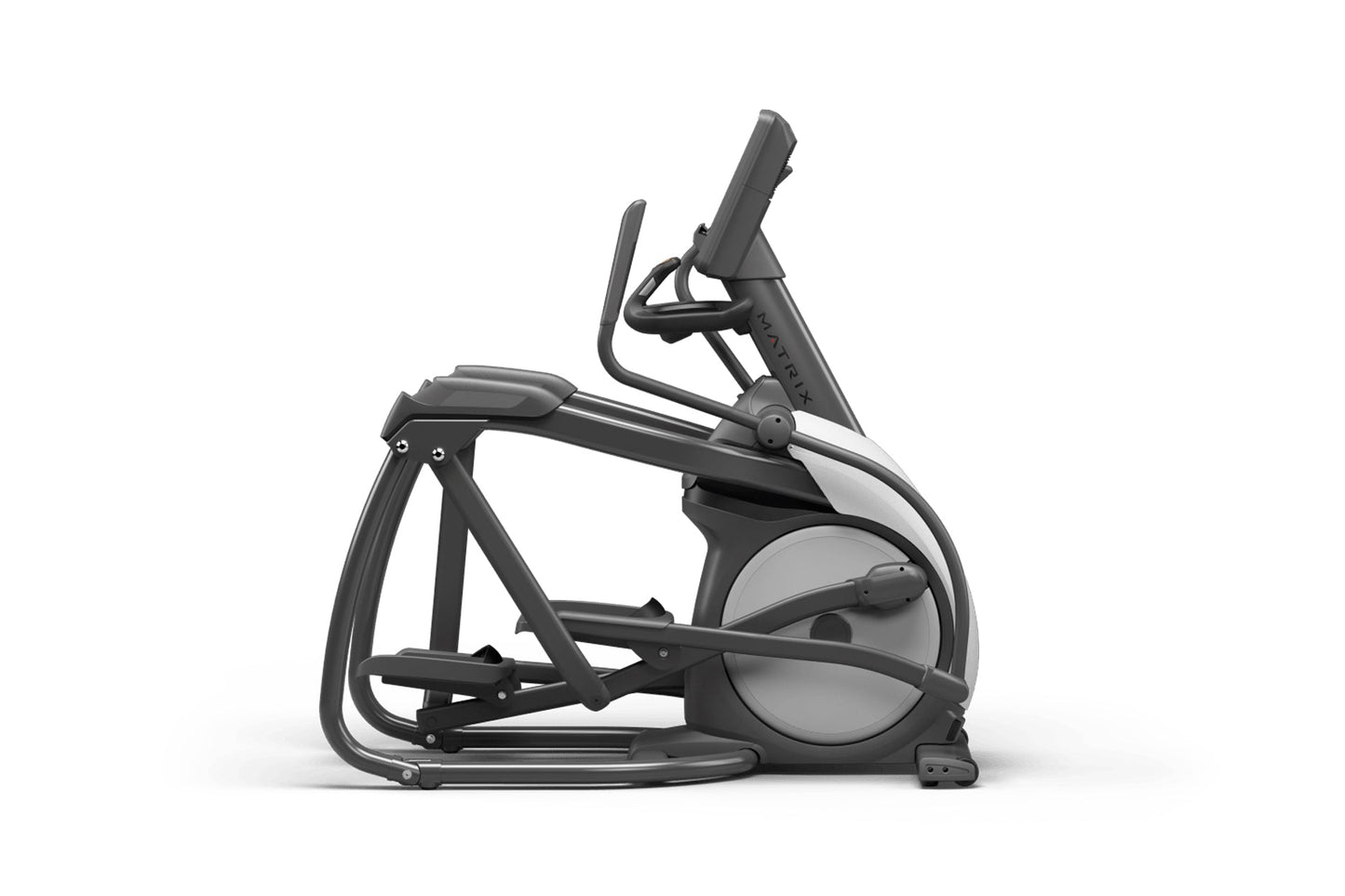 Black and gray elliptical exercise machine with suspended footrests and digital console on white background