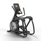 Black and silver elliptical trainer with digital display console, dual handlebars, and wide footplate on white background