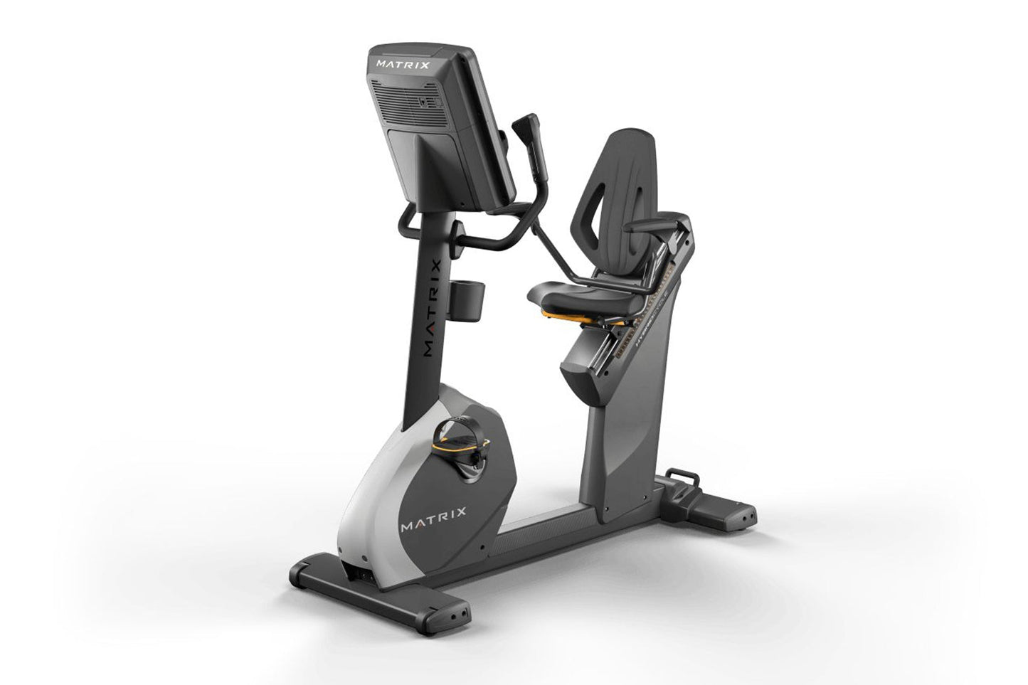 Matrix Performance Hybrid Cycle upright exercise bike with black seat, digital console, and gray base on white background