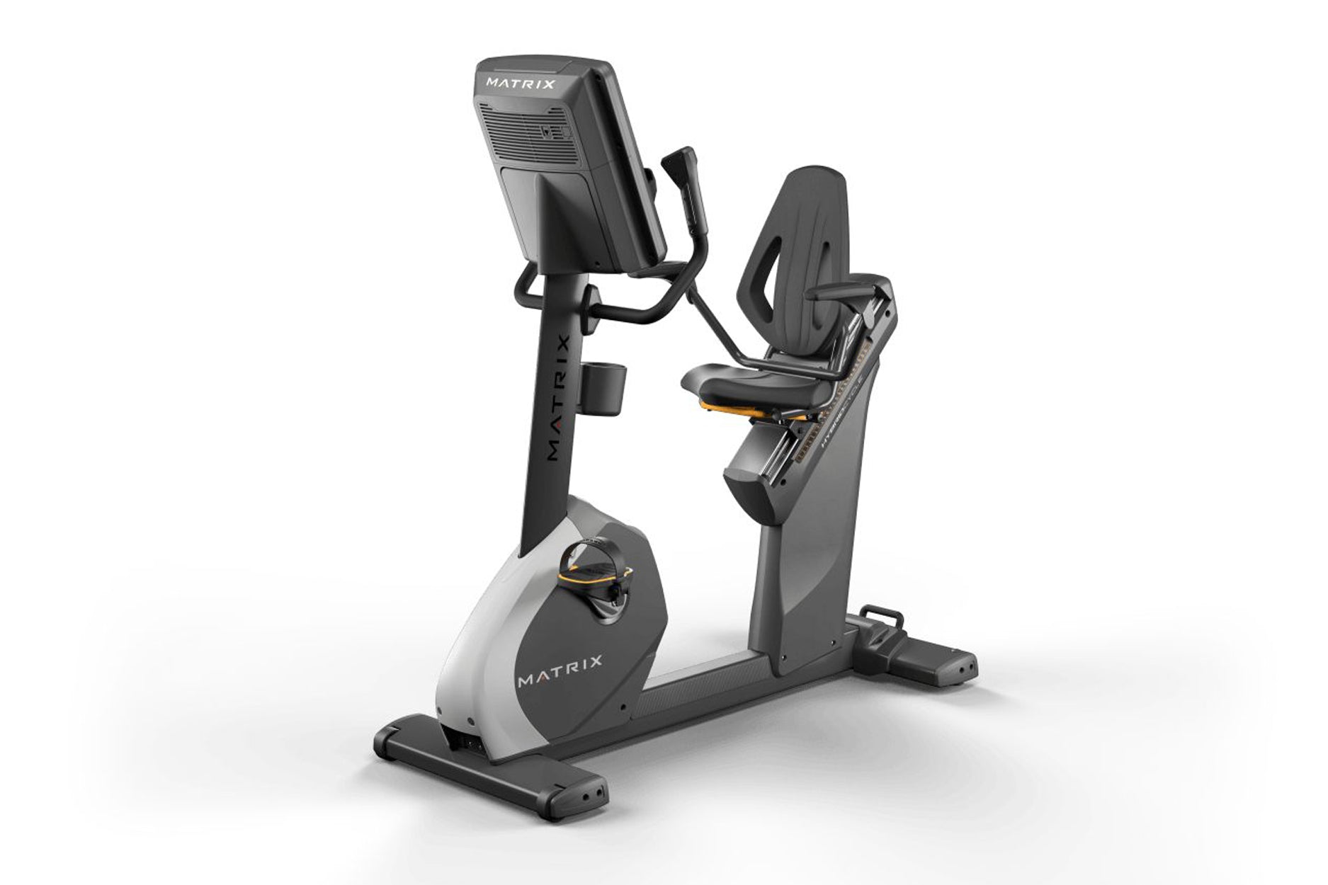 Matrix Performance Hybrid Cycle upright exercise bike with black seat, digital console, and gray base on white background