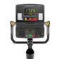 Matrix stationary exercise bike console displaying green LED time and metrics with yellow and red control buttons on white ba