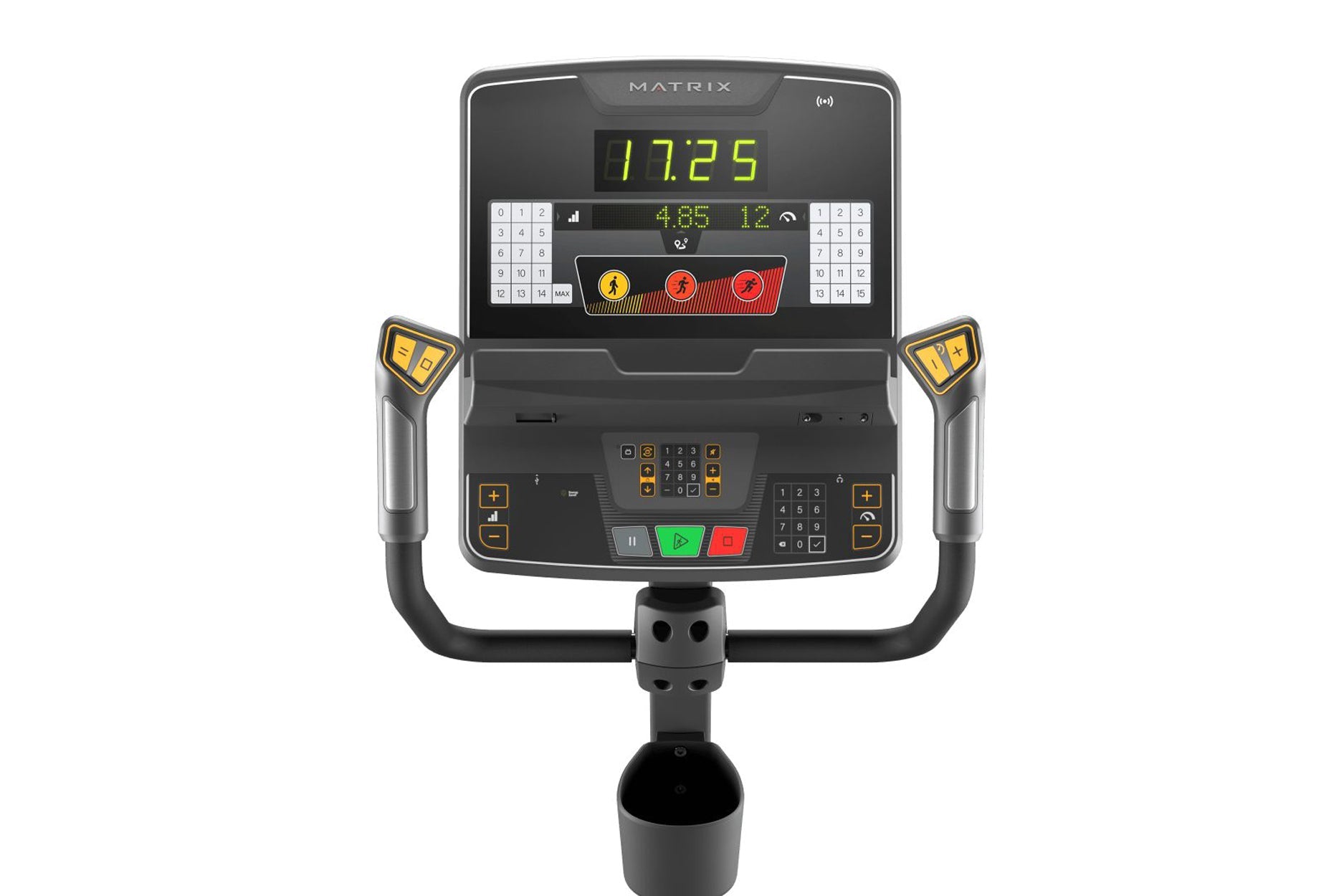 Matrix stationary exercise bike console displaying green LED time and metrics with yellow and red control buttons on white ba