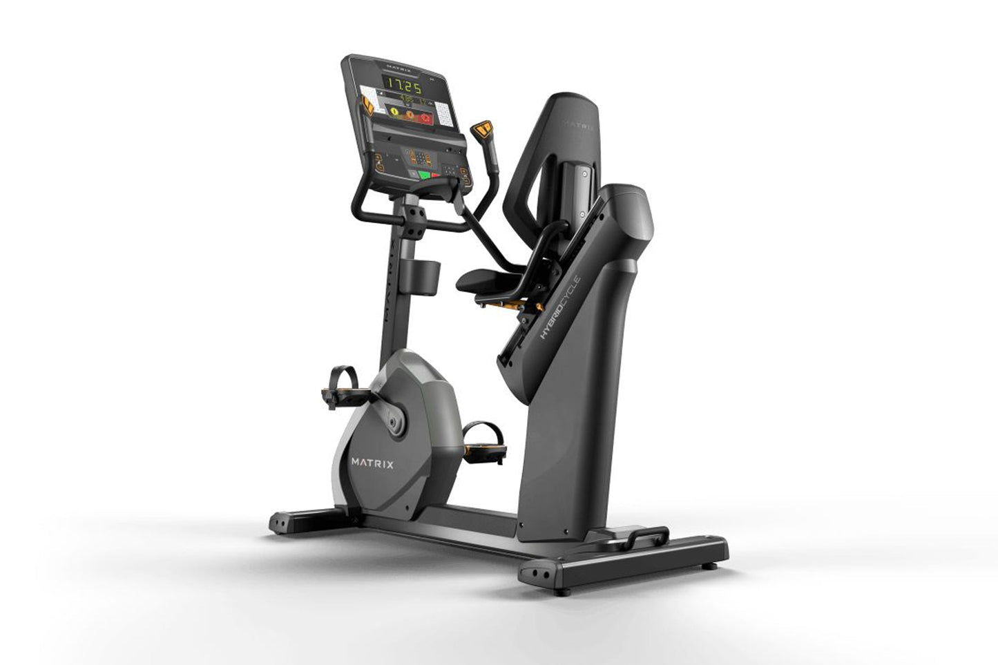 Matrix Performance Hybrid Cycle stationary exercise bike with digital console, black frame, padded seat, and pedal straps on 