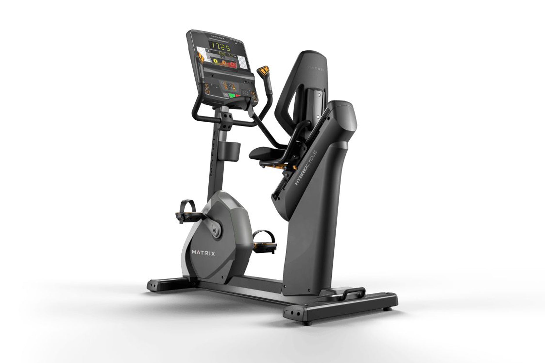 Matrix Performance Hybrid Cycle stationary exercise bike with digital console, black frame, padded seat, and pedal straps on 