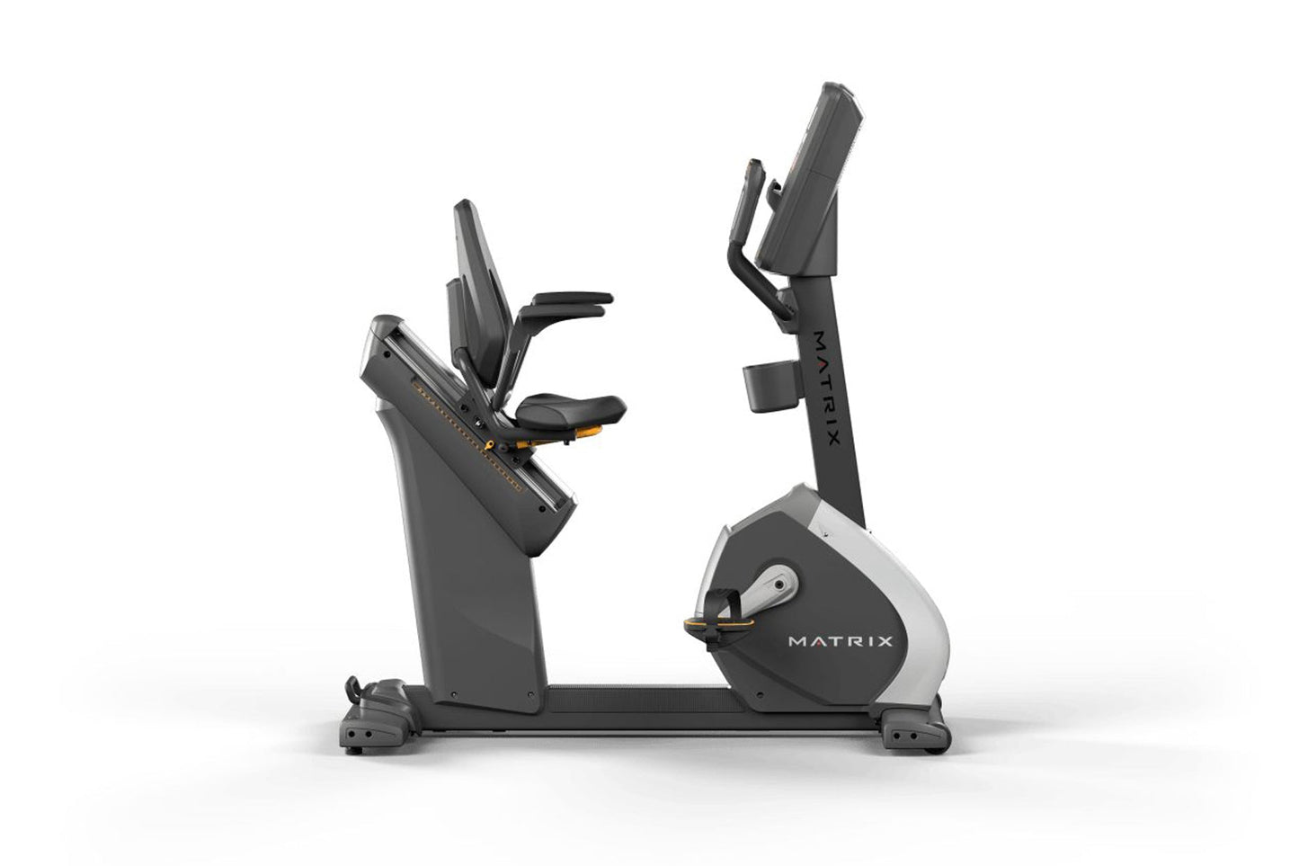 Matrix Performance Hybrid Cycle upright exercise bike with gray and black frame, adjustable seat and handlebars, on white bac