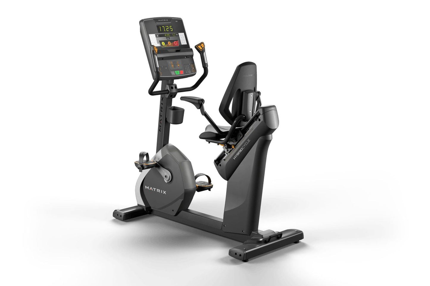 Matrix Performance Hybrid Cycle stationary recumbent exercise bike with digital console display, black frame and seat, on whi