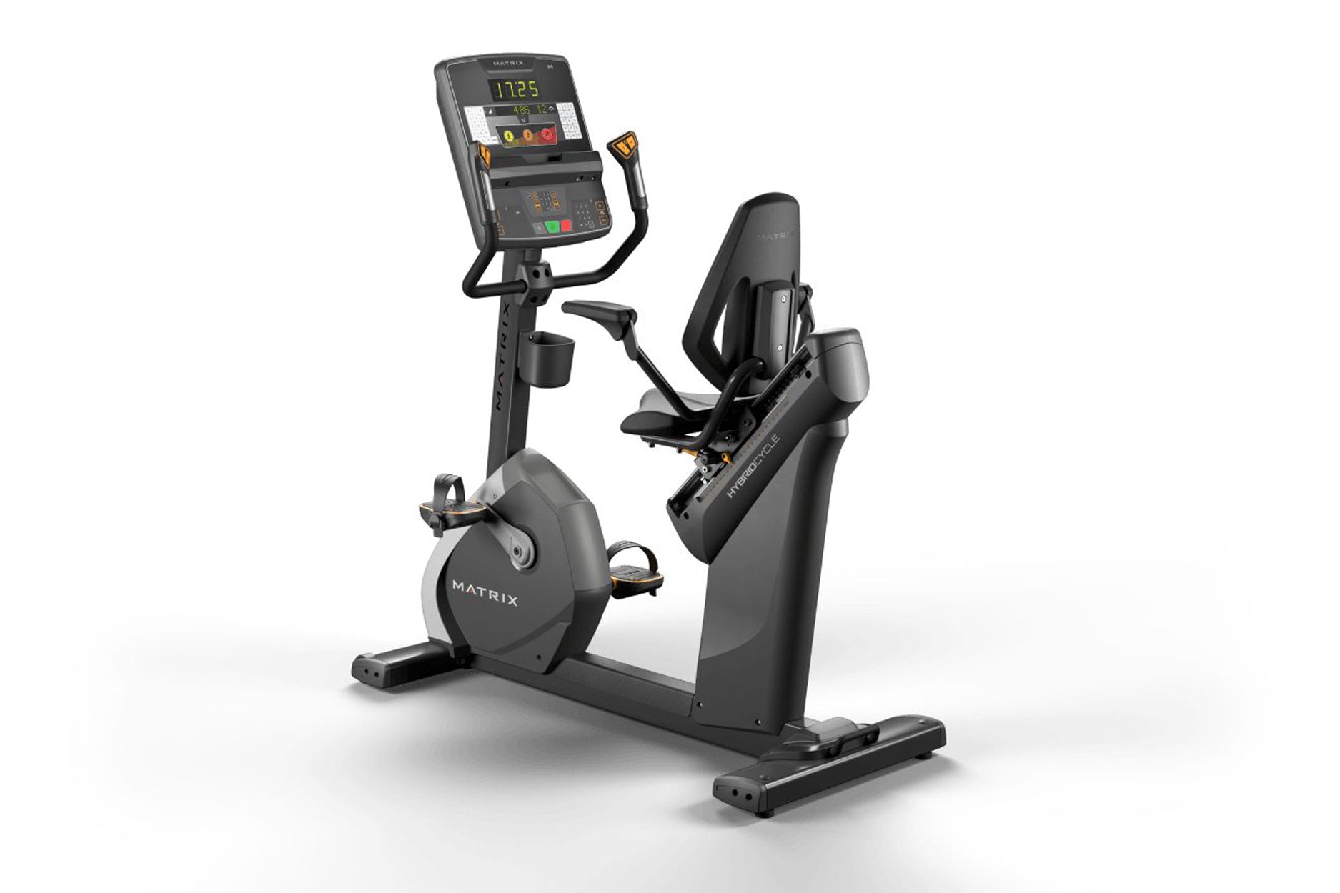 Matrix Performance Hybrid Cycle stationary recumbent exercise bike with digital console display, black frame and seat, on whi