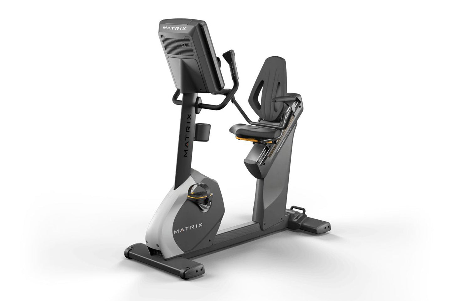 Matrix Performance Hybrid Cycle stationary exercise bike with gray and black frame, digital display console, and padded seat 