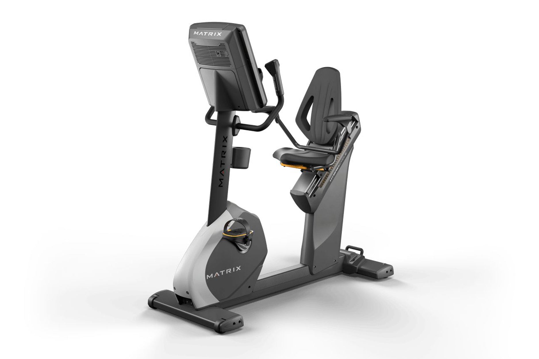 Matrix Performance Hybrid Cycle stationary exercise bike with gray and black frame, digital display console, and padded seat 
