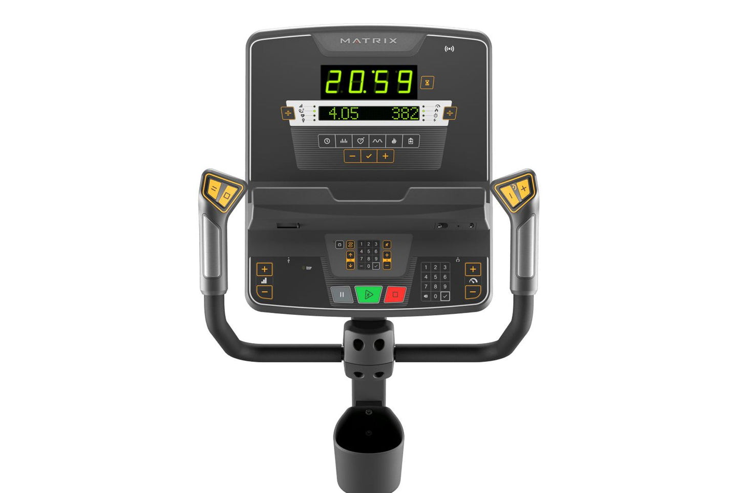 Matrix performance hybrid exercise bike with digital display showing time and metrics, dual handles with yellow accent button