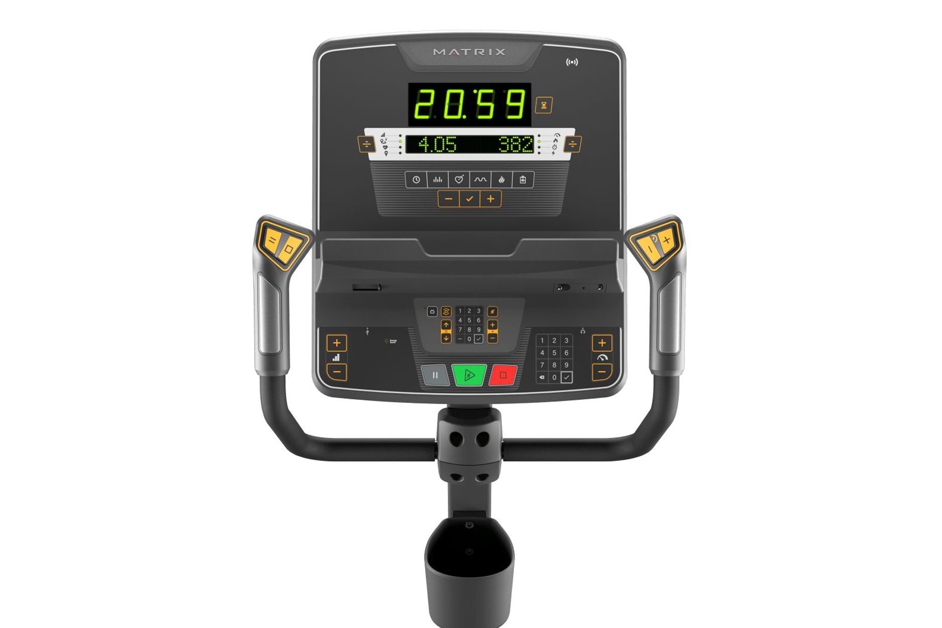 Matrix performance hybrid exercise bike with digital display showing time and metrics, dual handles with yellow accent button