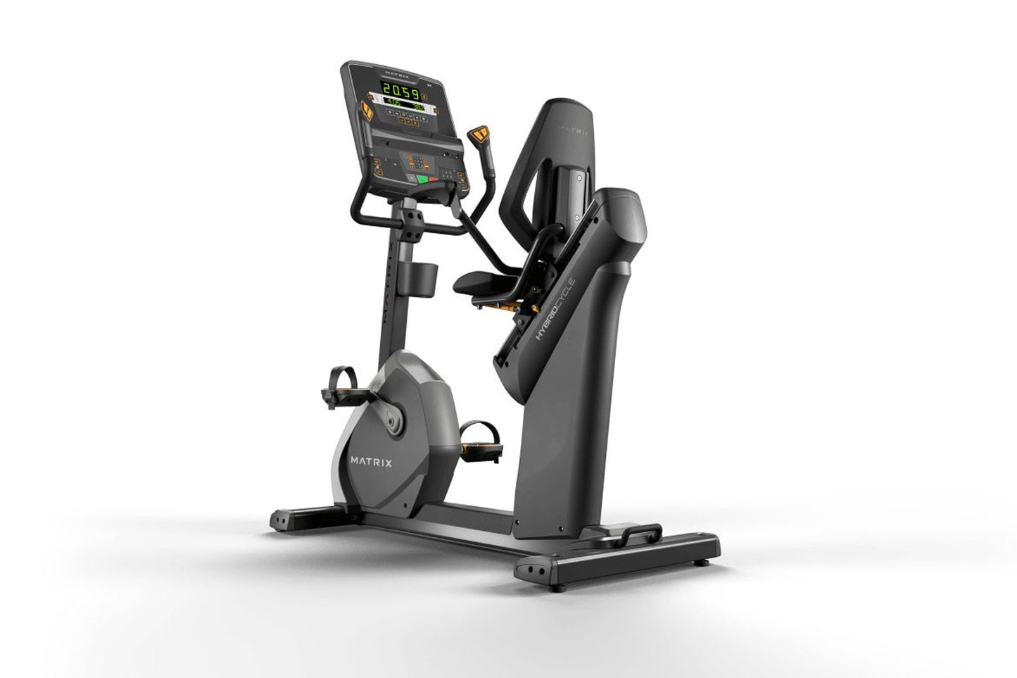 Matrix Performance Hybrid Cycle stationary exercise bike with digital console display, black seat, and pedals on white backgr