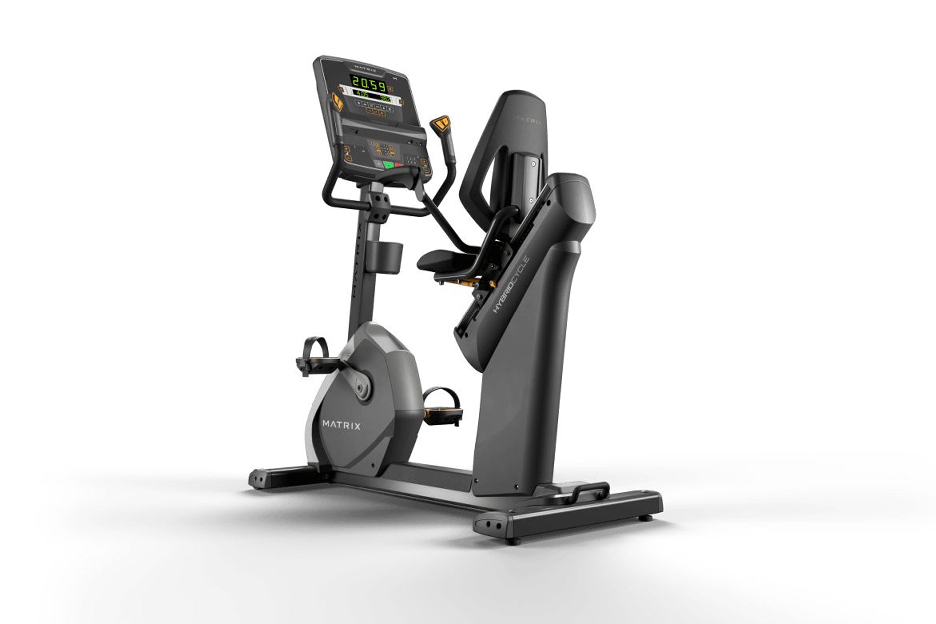 Matrix Performance Hybrid Cycle stationary exercise bike with digital console display, black seat, and pedals on white backgr