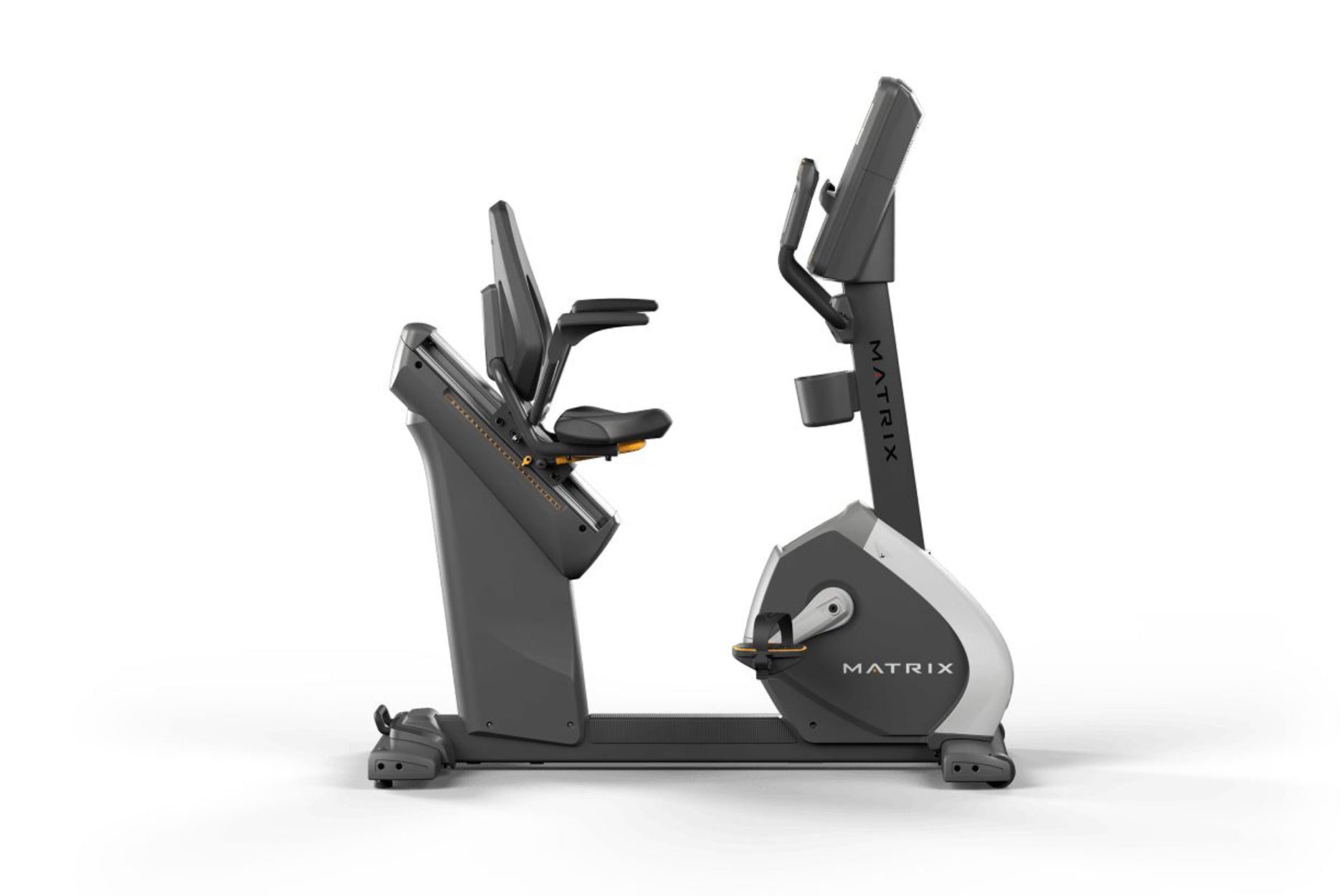 Matrix Performance Hybrid Cycle recumbent stationary bike with gray and black frame on white background