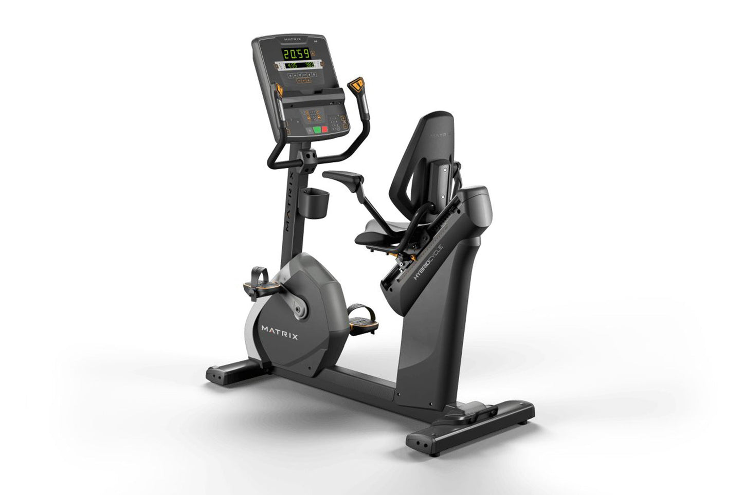 Matrix Performance Hybrid Cycle stationary exercise bike with digital console displaying metrics, black frame and seat, on wh