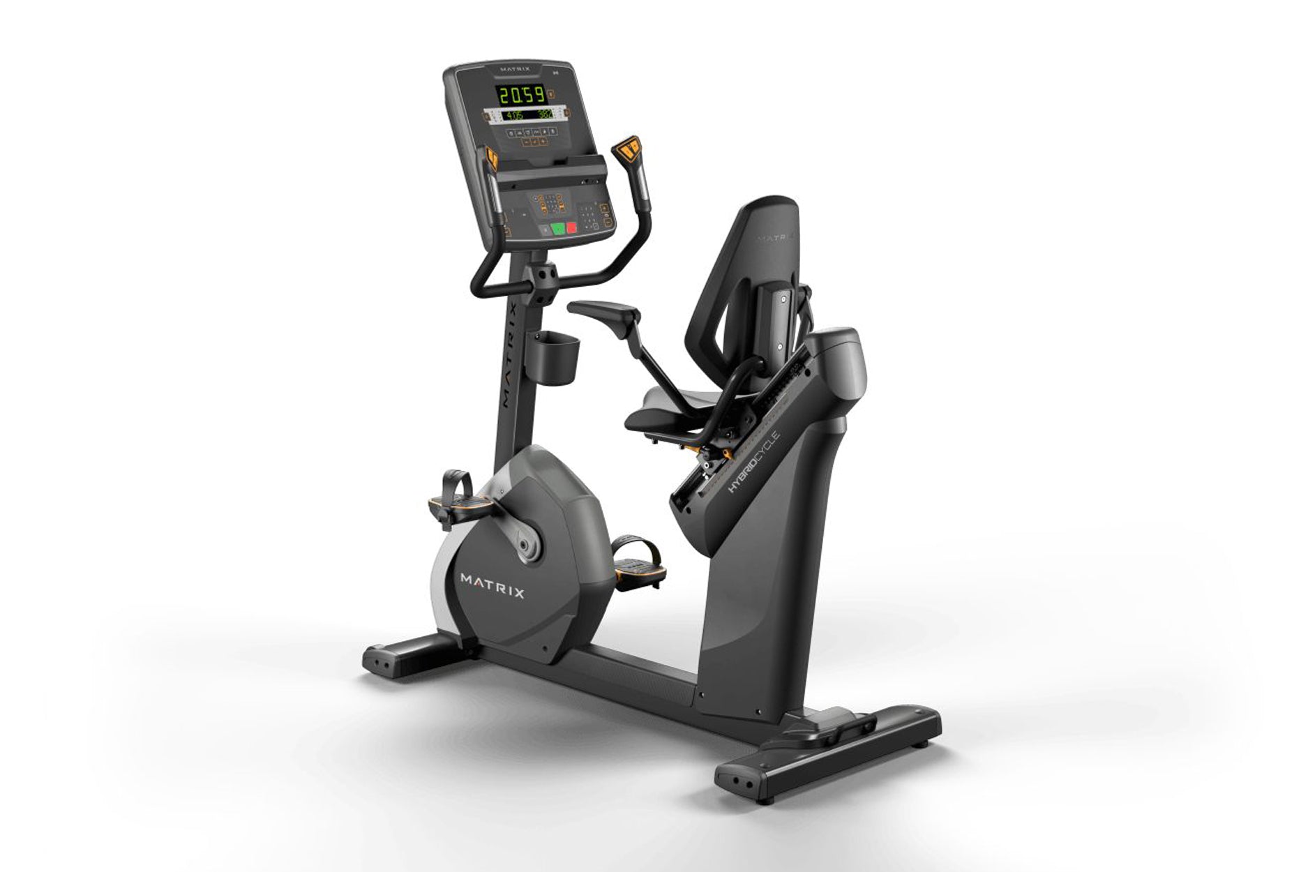 Matrix Performance Hybrid Cycle stationary exercise bike with digital console displaying metrics, black frame and seat, on wh