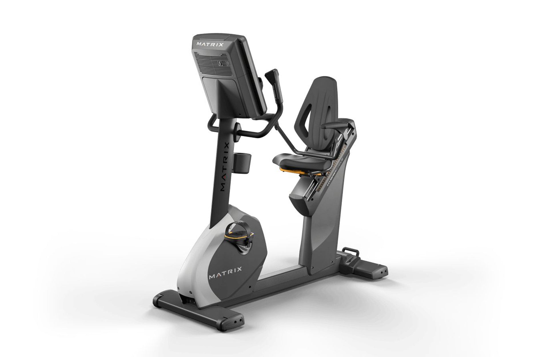Matrix Performance Hybrid Cycle, black and gray upright exercise bike with digital display and padded seat, on white backgrou