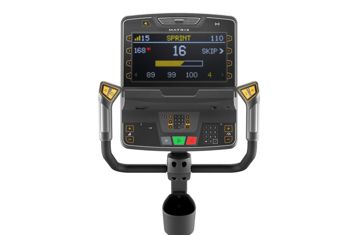 Matrix Performance Hybrid Cycle exercise bike console with digital display, yellow and black accents, on white background
