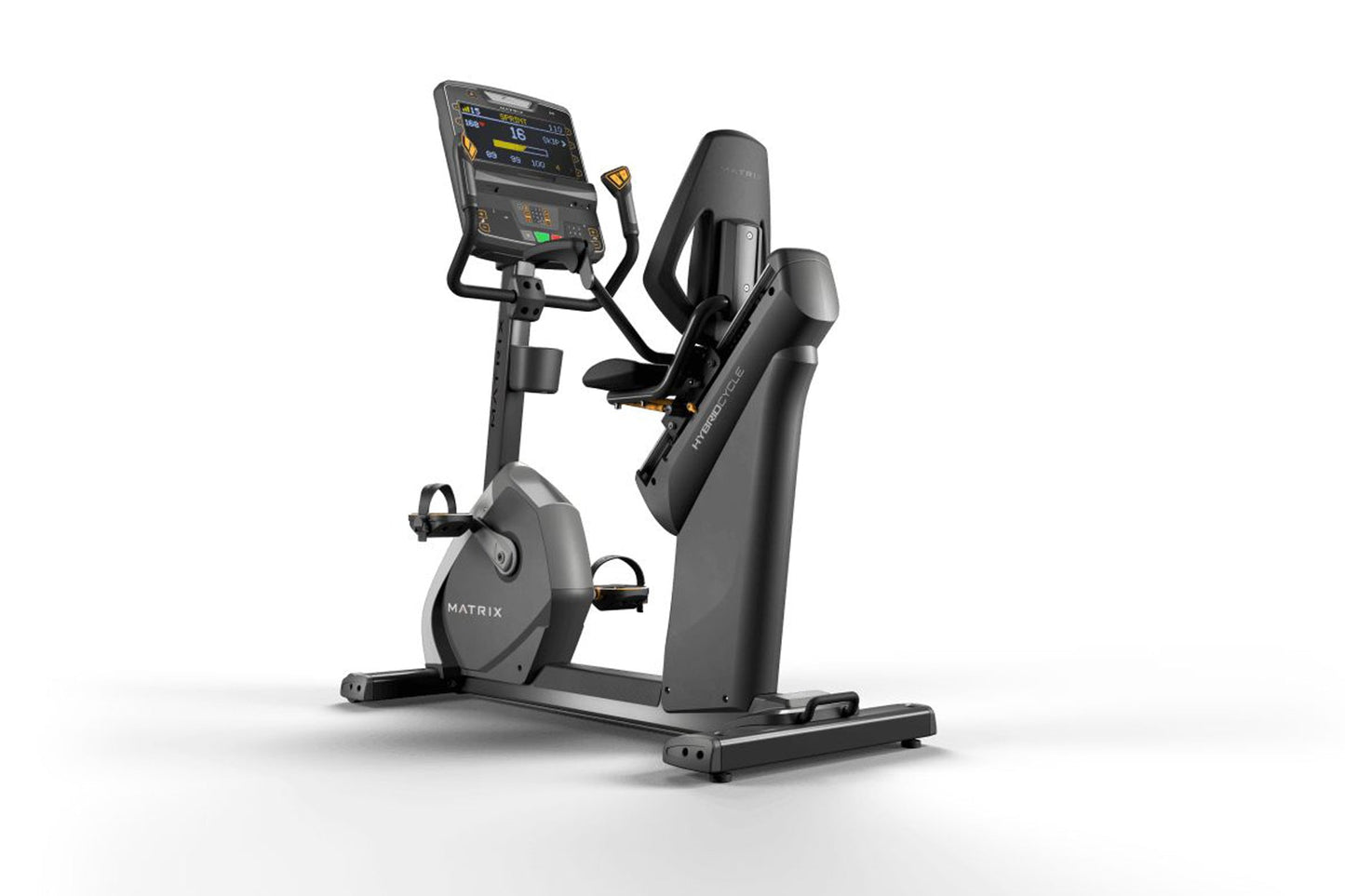 Matrix Performance Hybrid Cycle in black and gray with digital display console, seat, and foot pedals on white background