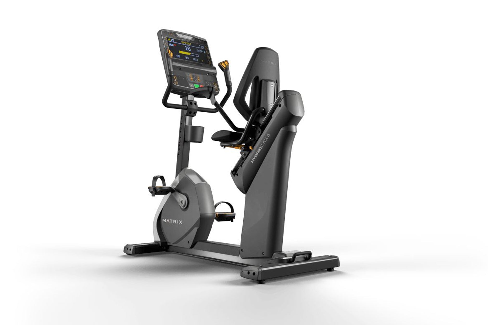 Matrix Performance Hybrid Cycle in black and gray with digital display console, seat, and foot pedals on white background