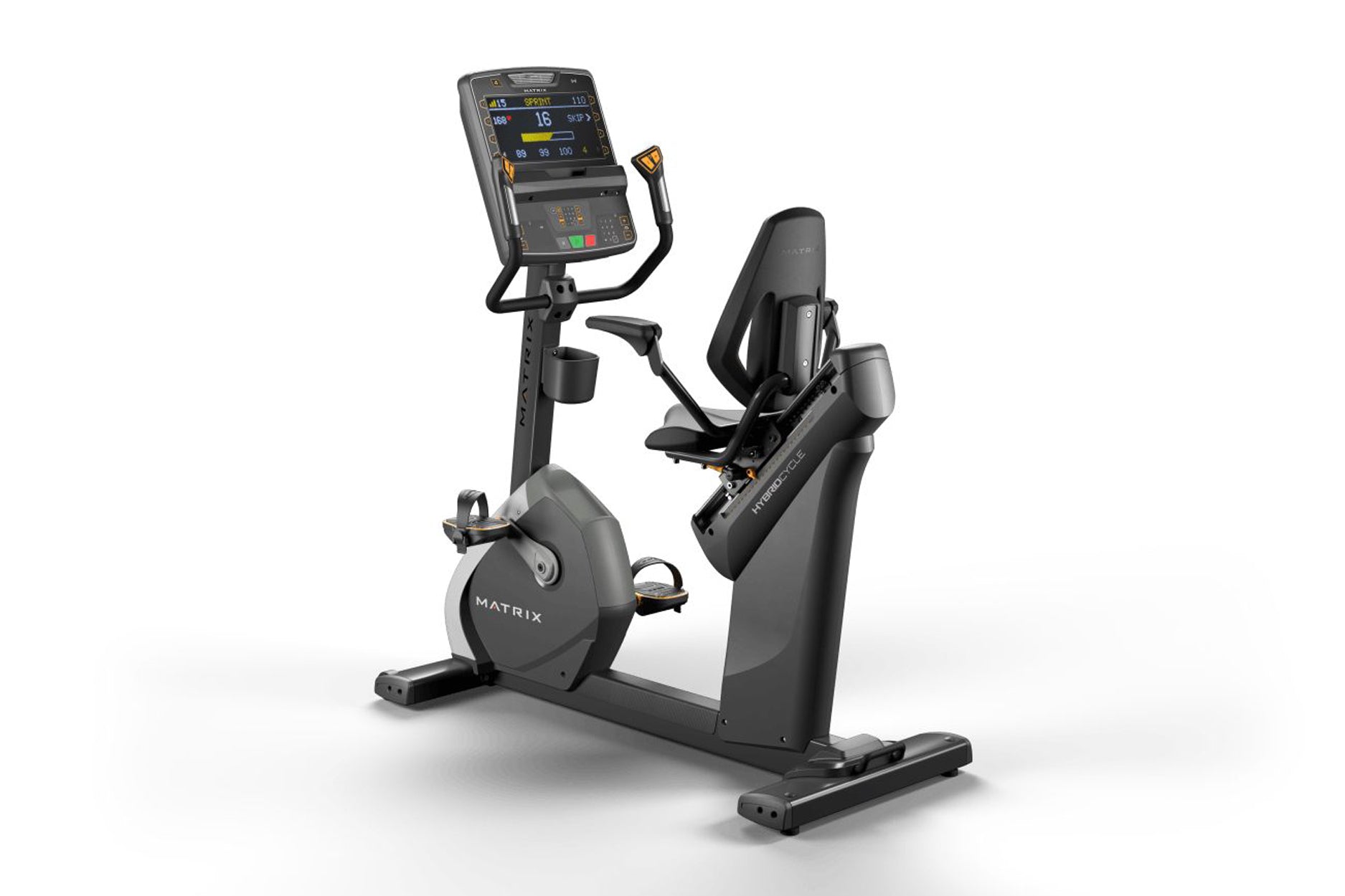 Black Matrix recumbent exercise bike with digital console display, foot pedals, and cushioned seat on white background