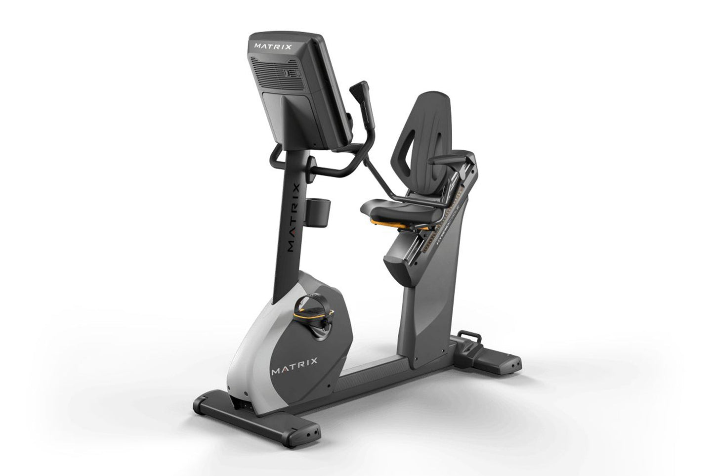 Matrix Performance Hybrid upright exercise bike with black and gray frame, digital console display, and padded seat on white 