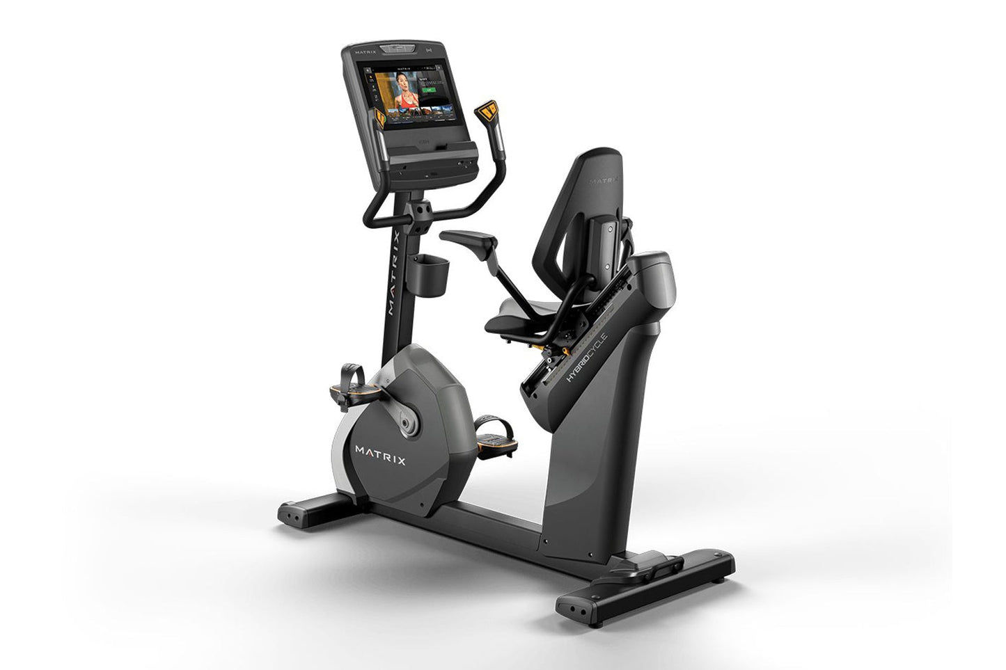 Matrix Performance Hybrid Cycle upright exercise bike with digital display screen and black padded seat on white background
