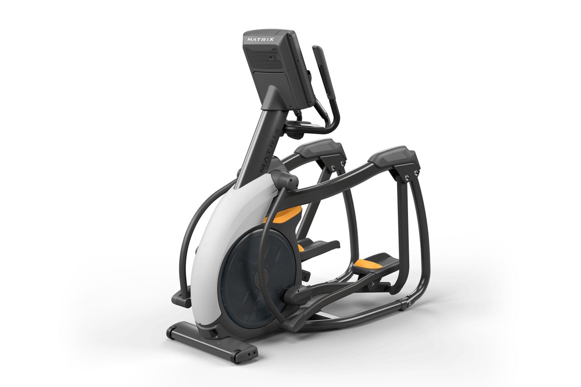 Matrix Performance Lower Body Ascent Elliptical Trainer with white and black frame, digital console, and orange accents on pe