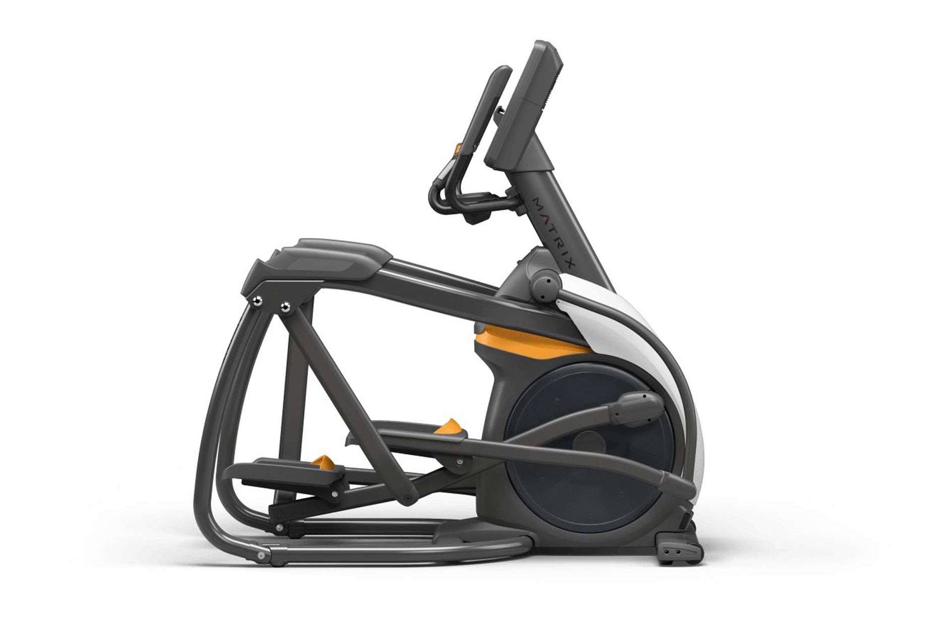 Black and orange elliptical trainer with upright display console and footplate pedals on white background
