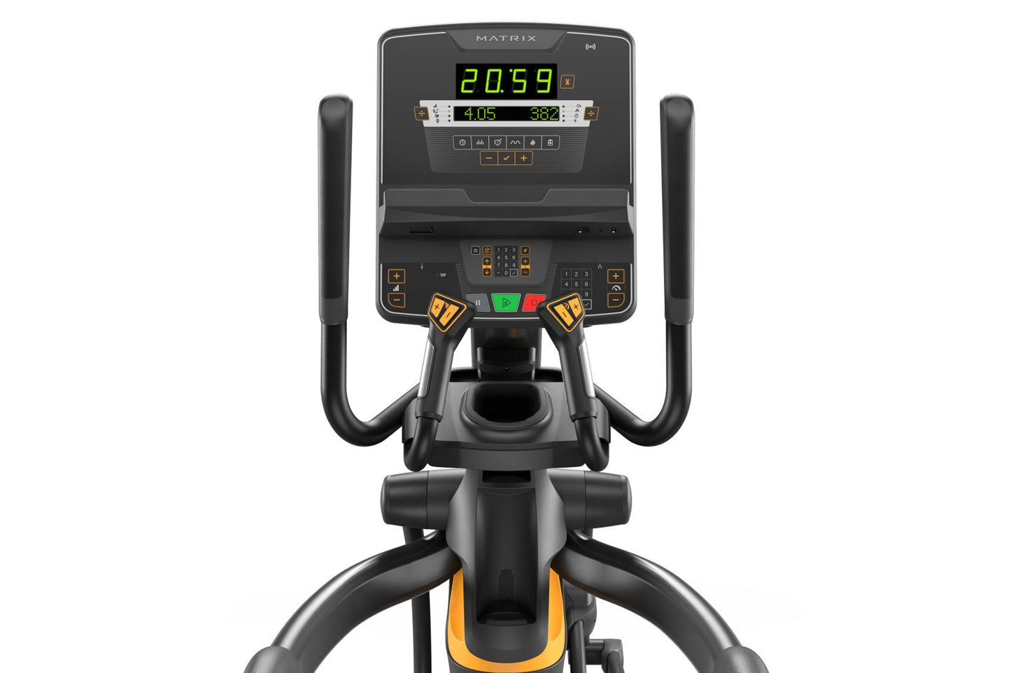 Matrix black and gold elliptical trainer with digital display showing workout metrics, dual handles, and foot pedals on white