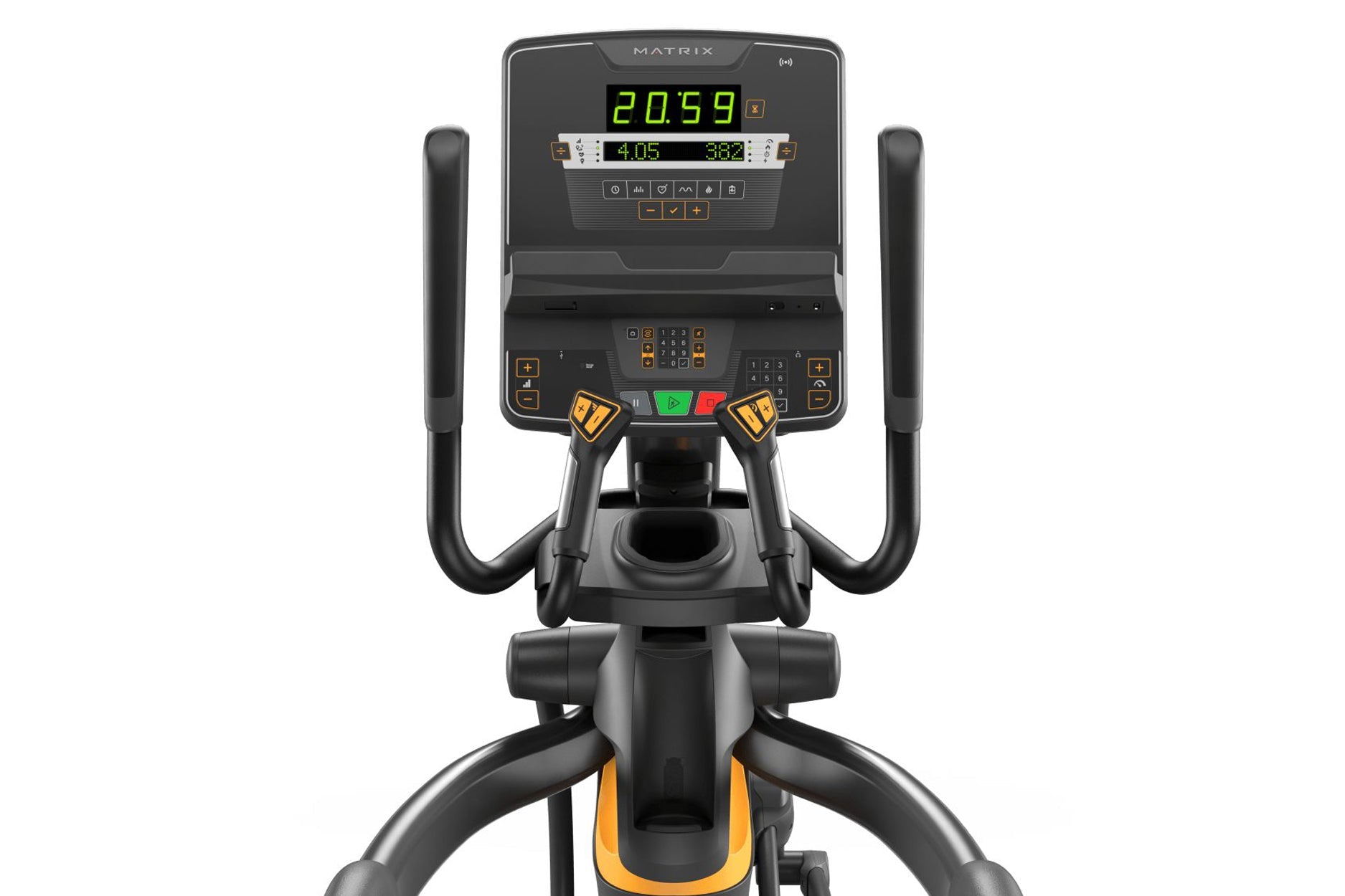 Matrix black and gold elliptical trainer with digital display showing workout metrics, dual handles, and foot pedals on white