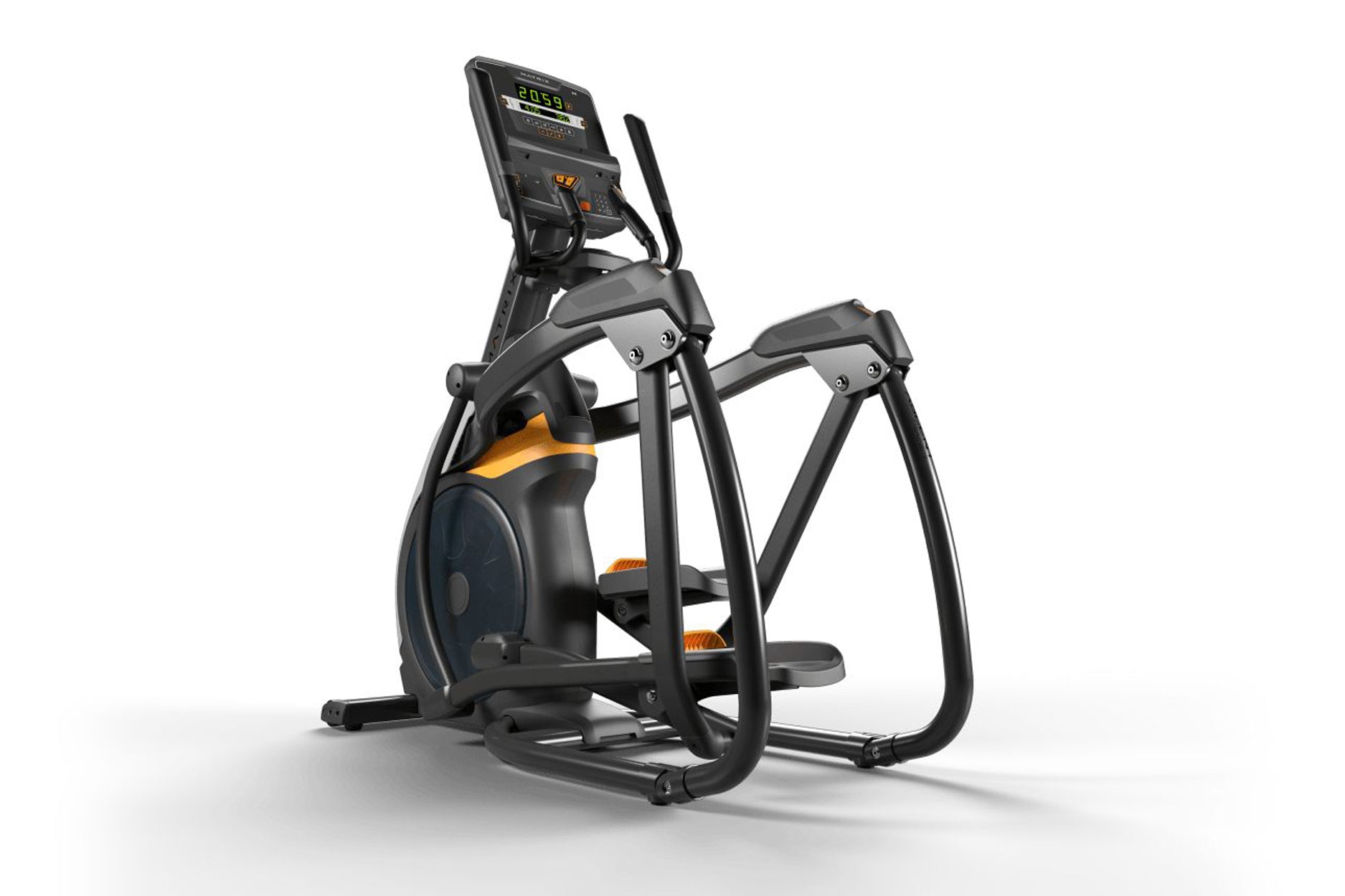 Black and orange elliptical trainer with digital display console, foot pedals, and handlebars on white background