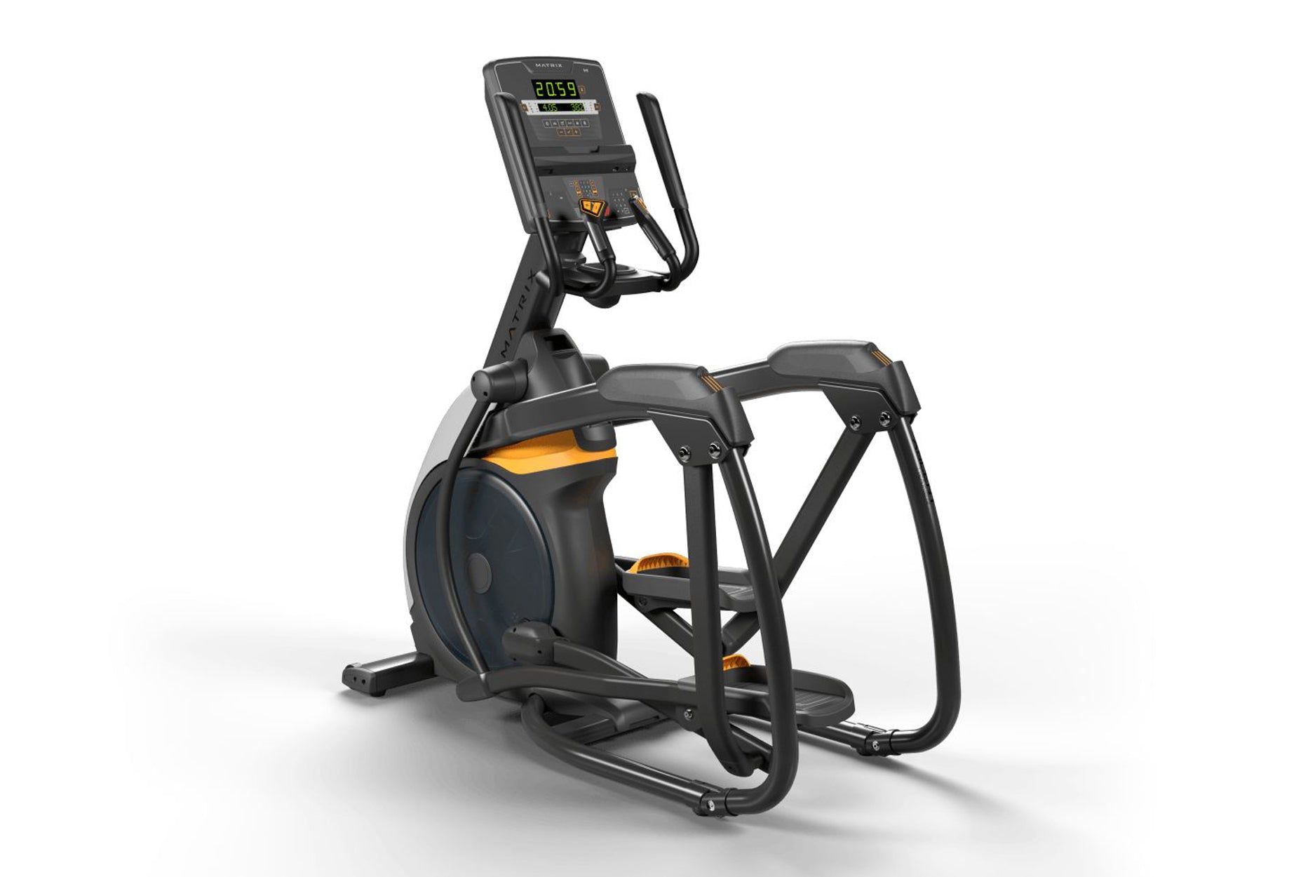 Black and gold elliptical trainer with digital display console, dual handles, and footplates on white background