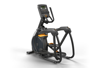 Black and gold elliptical trainer with digital display console, dual handles, and footplates on white background