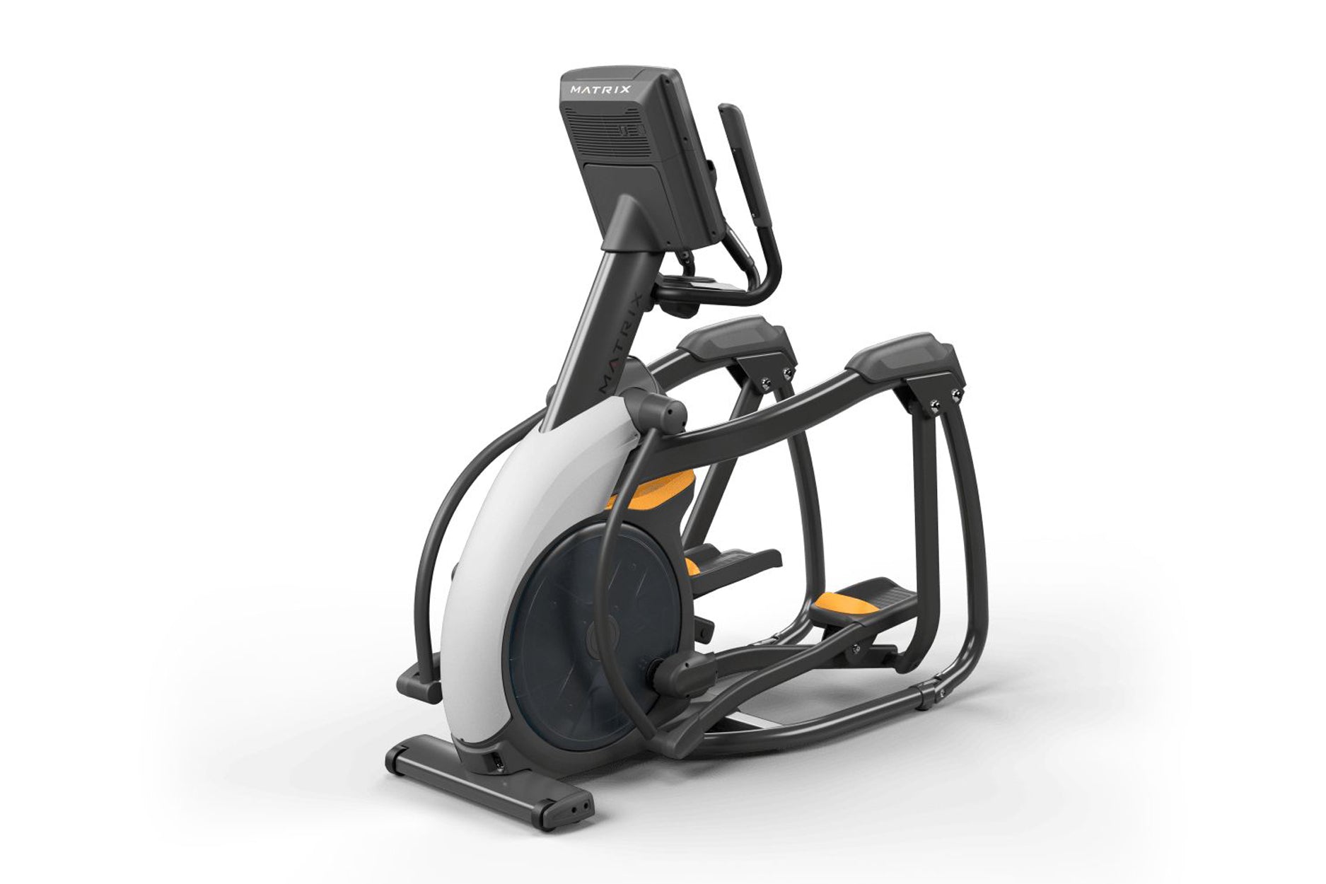 Matrix Performance Lower Body Ascent Elliptical Trainer with white and black frame, orange accents, digital console, and foot