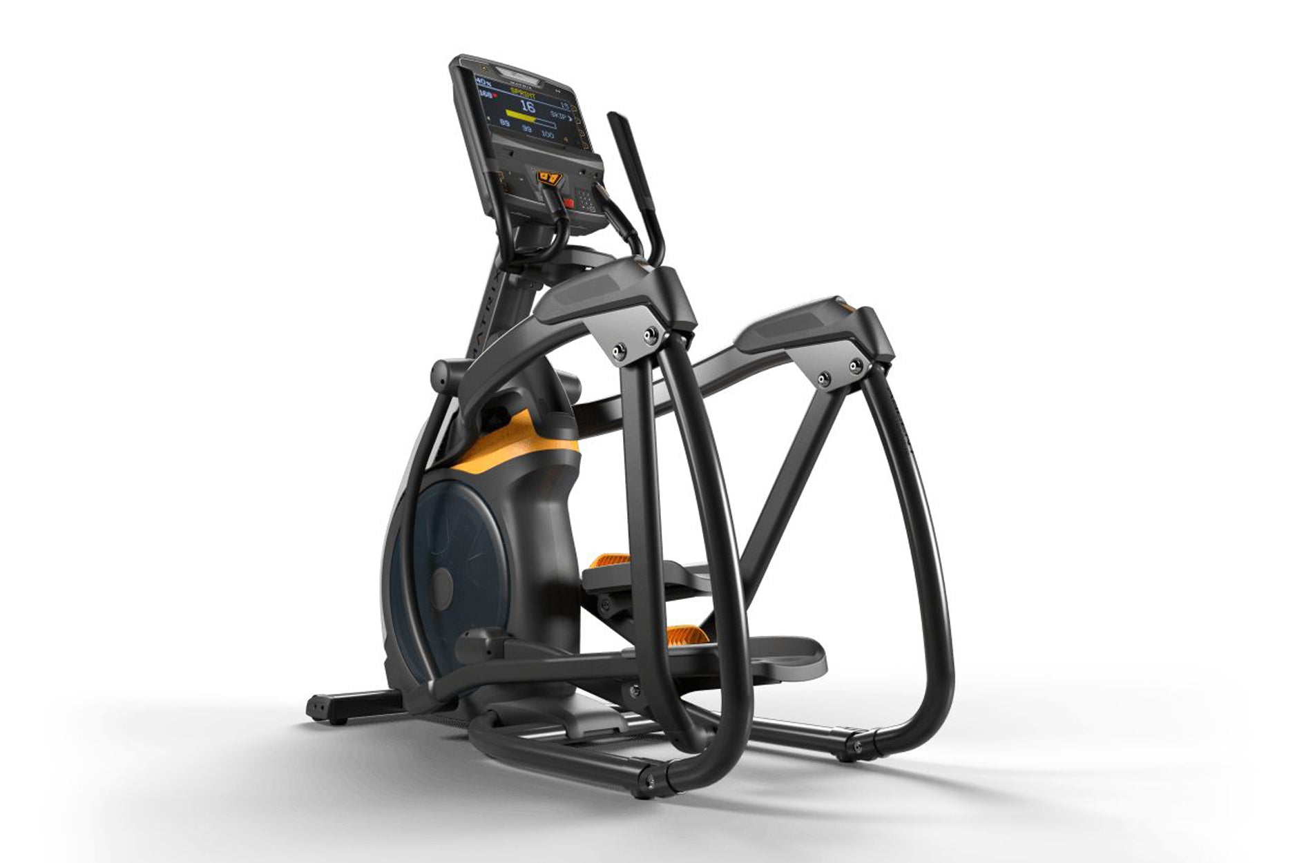Black and orange elliptical trainer with digital display console, foot pedals, and dual handlebars on white background