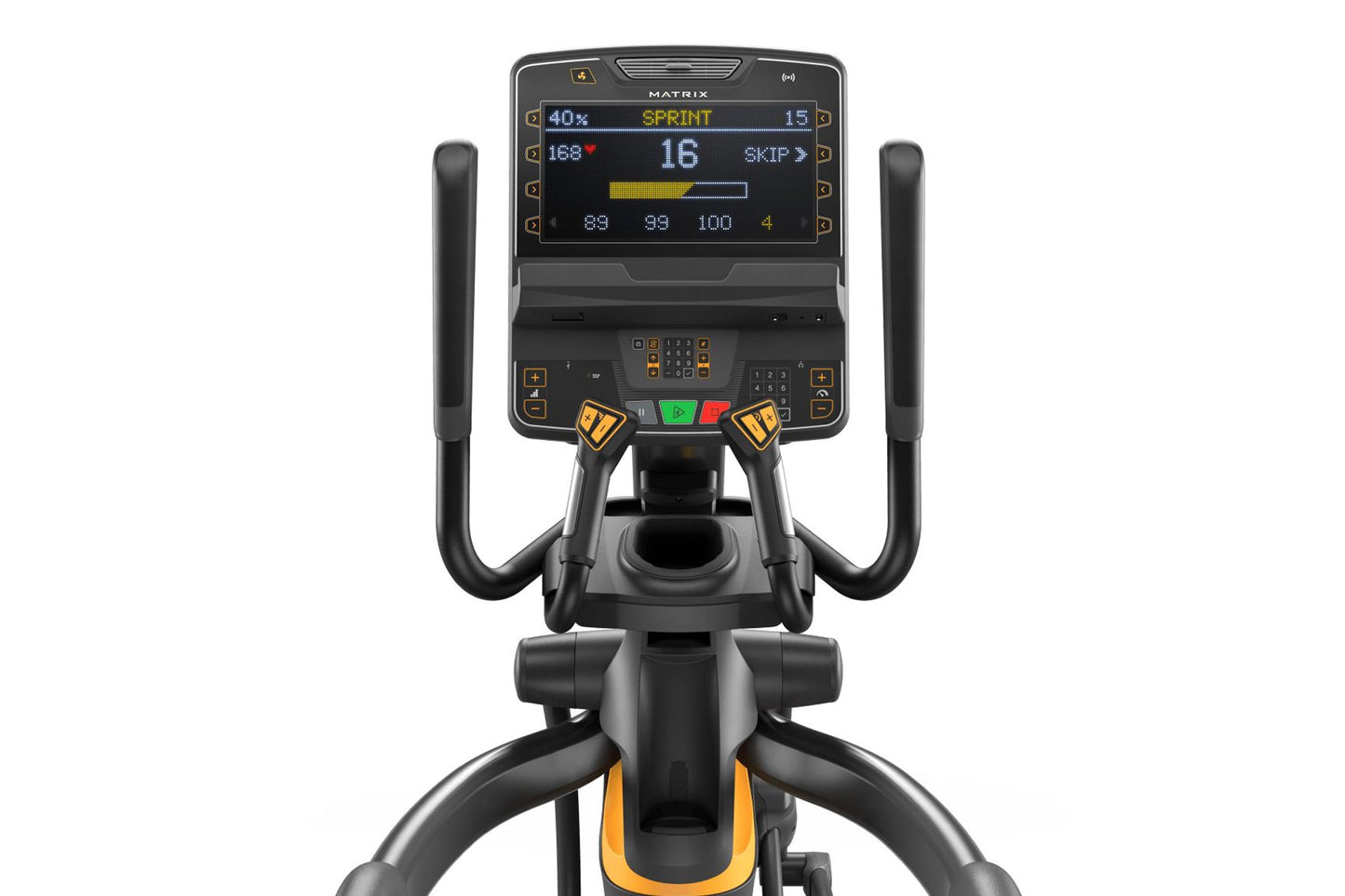 Matrix Ascent Elliptical Trainer with black frame, dual handles, digital display showing workout metrics, and orange accents 