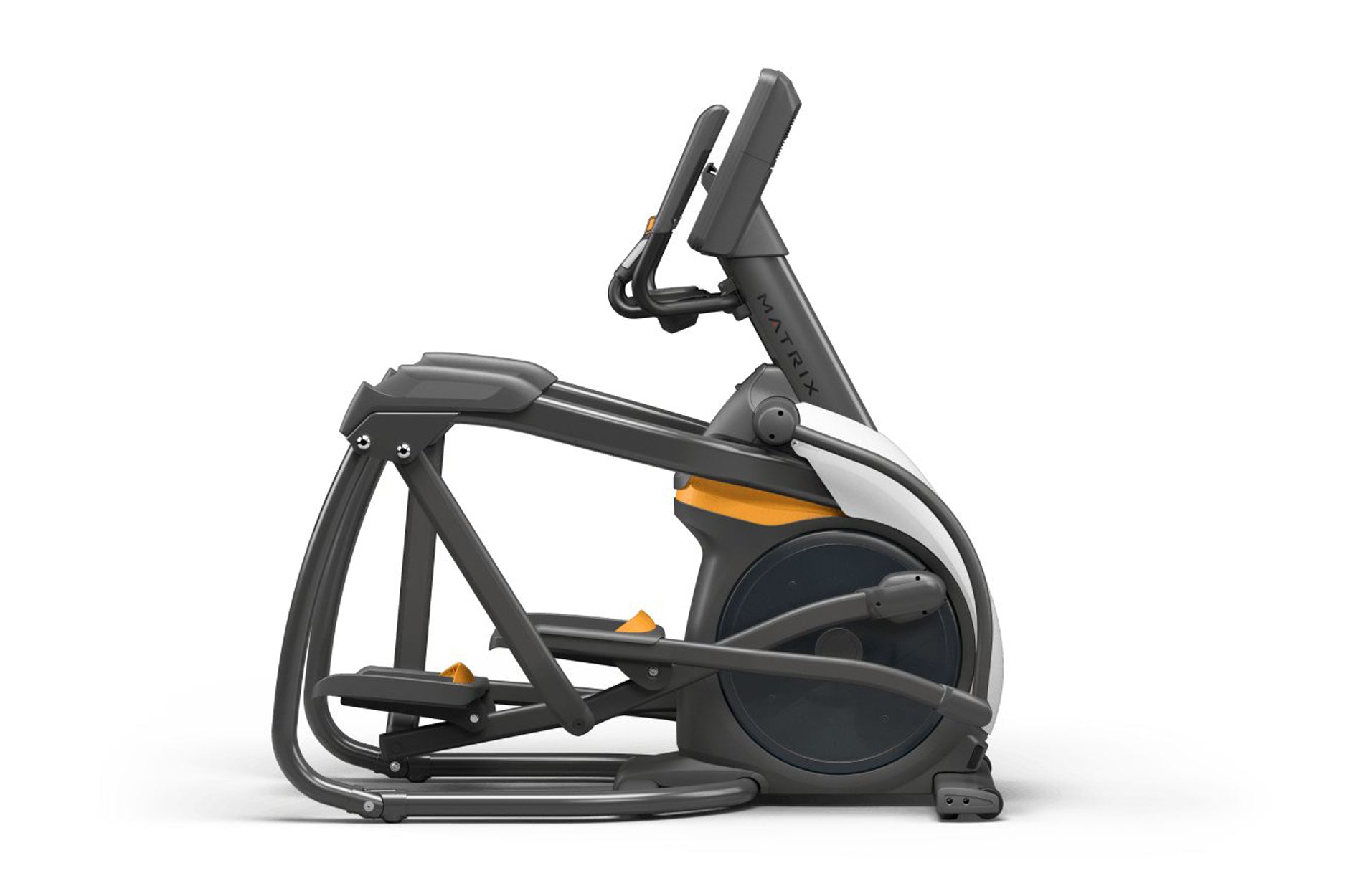 Black and charcoal elliptical trainer with orange accents, digital display console, and foot pedals on white background